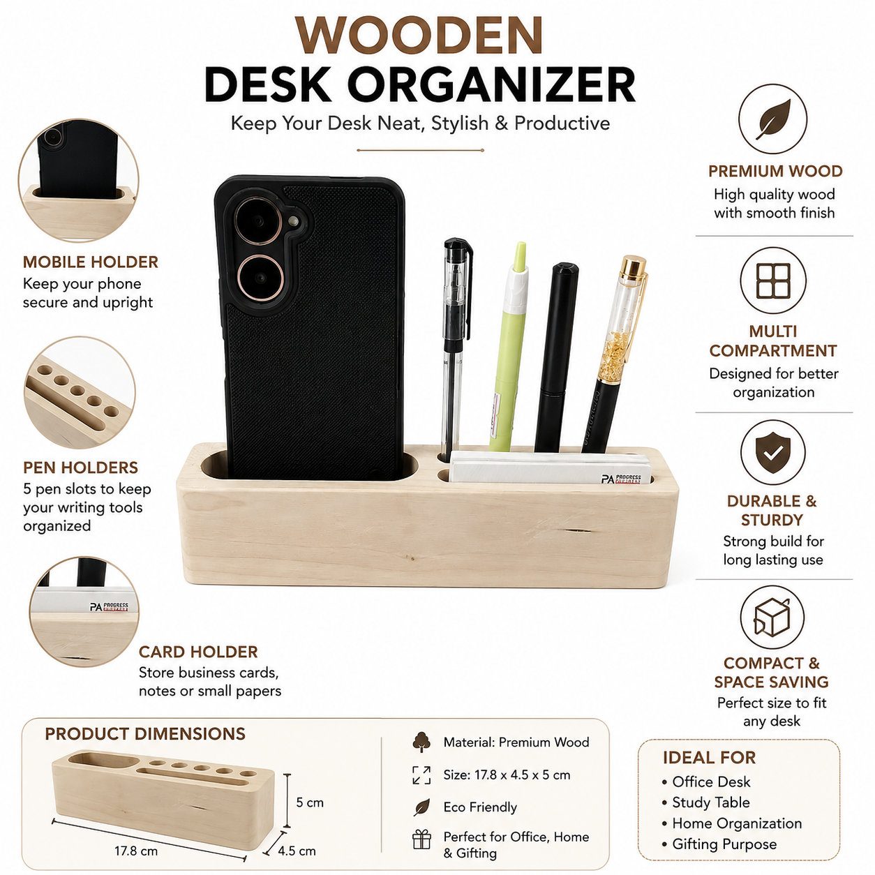 Wooden Desk Organizer with Phone Stand and Pen Holder Storage thumbnail 3