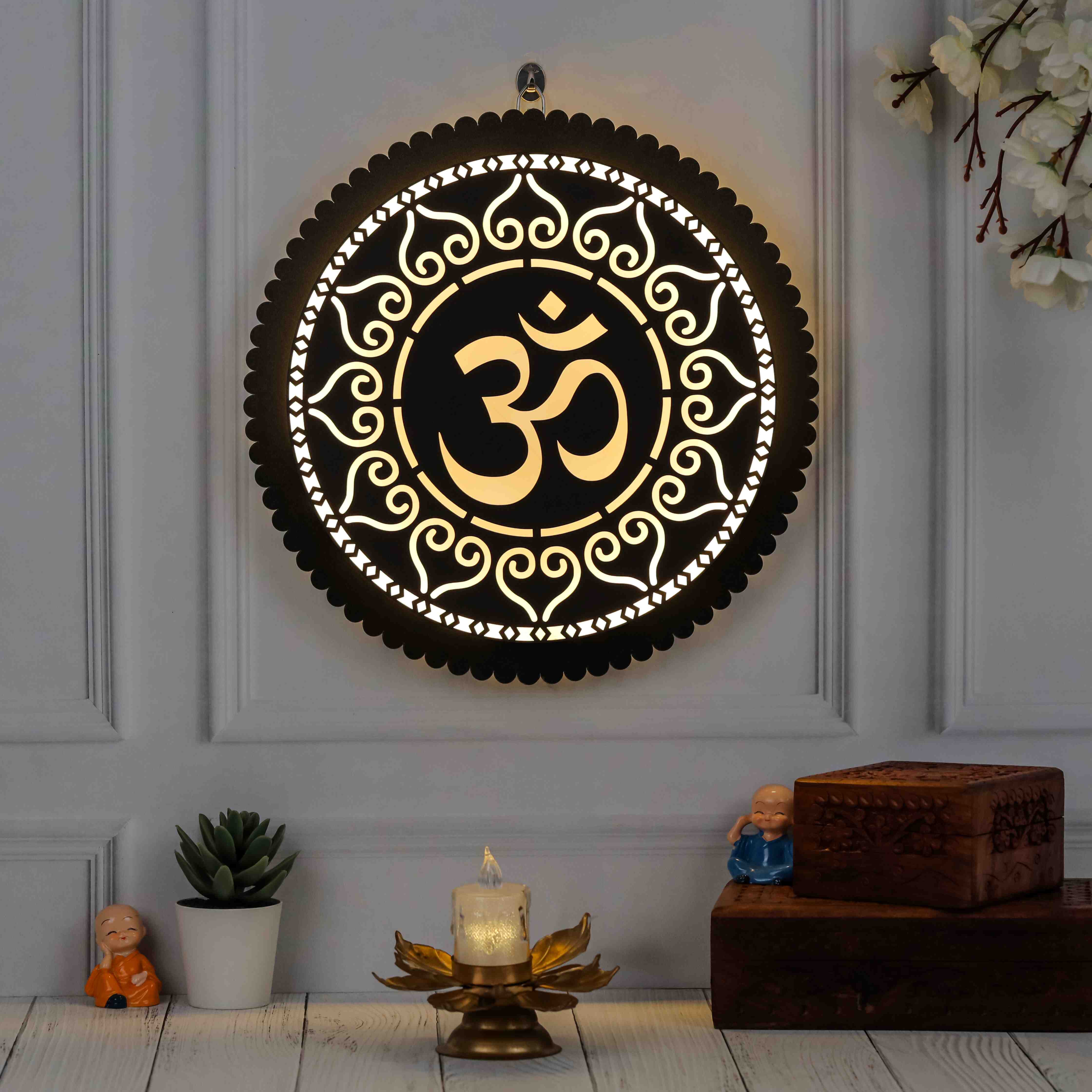 Wooden LED Wall Decor Lamp – Spiritual Wall Sconce for Home Décor, Living Room, Meditation, and Temple | Energy-Efficient Modern LED Backlight | Religious Hindu Gift (Om)
