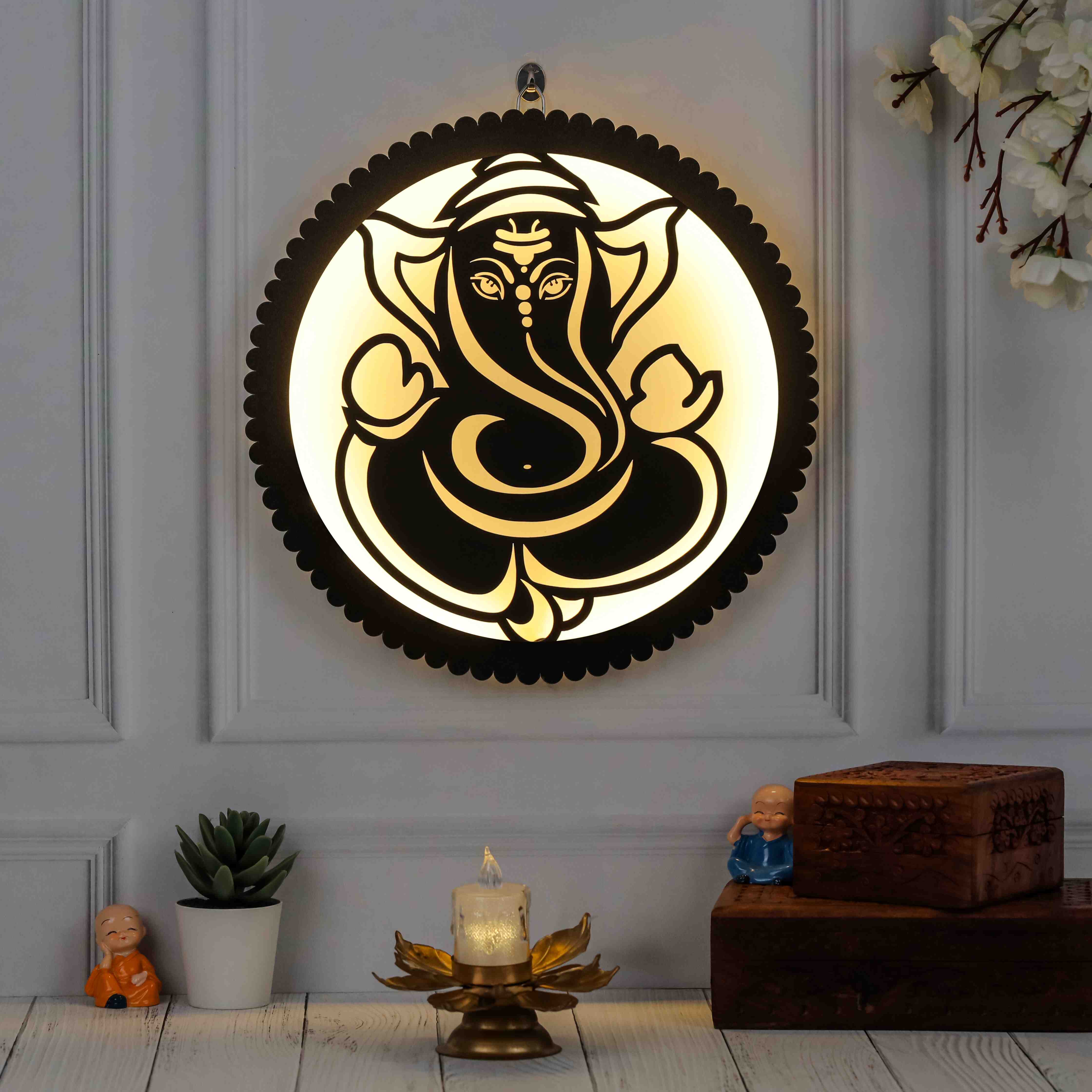 Wooden Ganesha frame LED Wall Decor Lamp – Spiritual Wall Sconce for Home Décor, Living Room, Meditation, and Temple | Energy-Efficient Modern LED Backlight | Religious Hindu Gift (Ganesha)