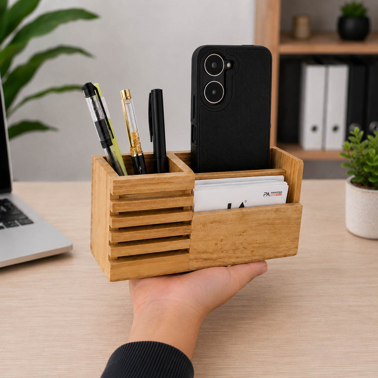Wooden Mobile Stand with Pen Holder Desk Organizer thumbnail 3