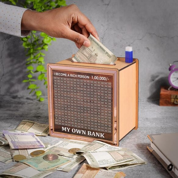 Money Bank Wooden with Savings Tracker | Goal-Oriented Money Saving Box for ₹1,00,000 | Durable Money Box for Kids & Adults | Smart Piggy Bank for Home Savings | Unique Gift Idea. (Bronze)